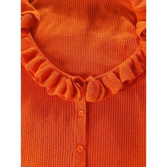 J Crew Orange Silk Cashmere Blend Ruffle Cardigan Sweater L Open Low Neckline - Picture 7 of 11